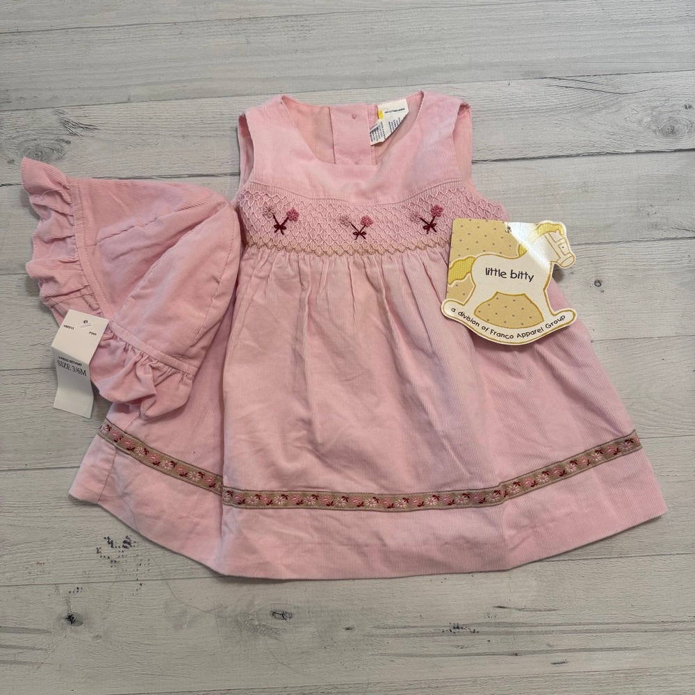 Vintage little bitty baby girls pink dress flowers matching hat 6/9 months NEW‎